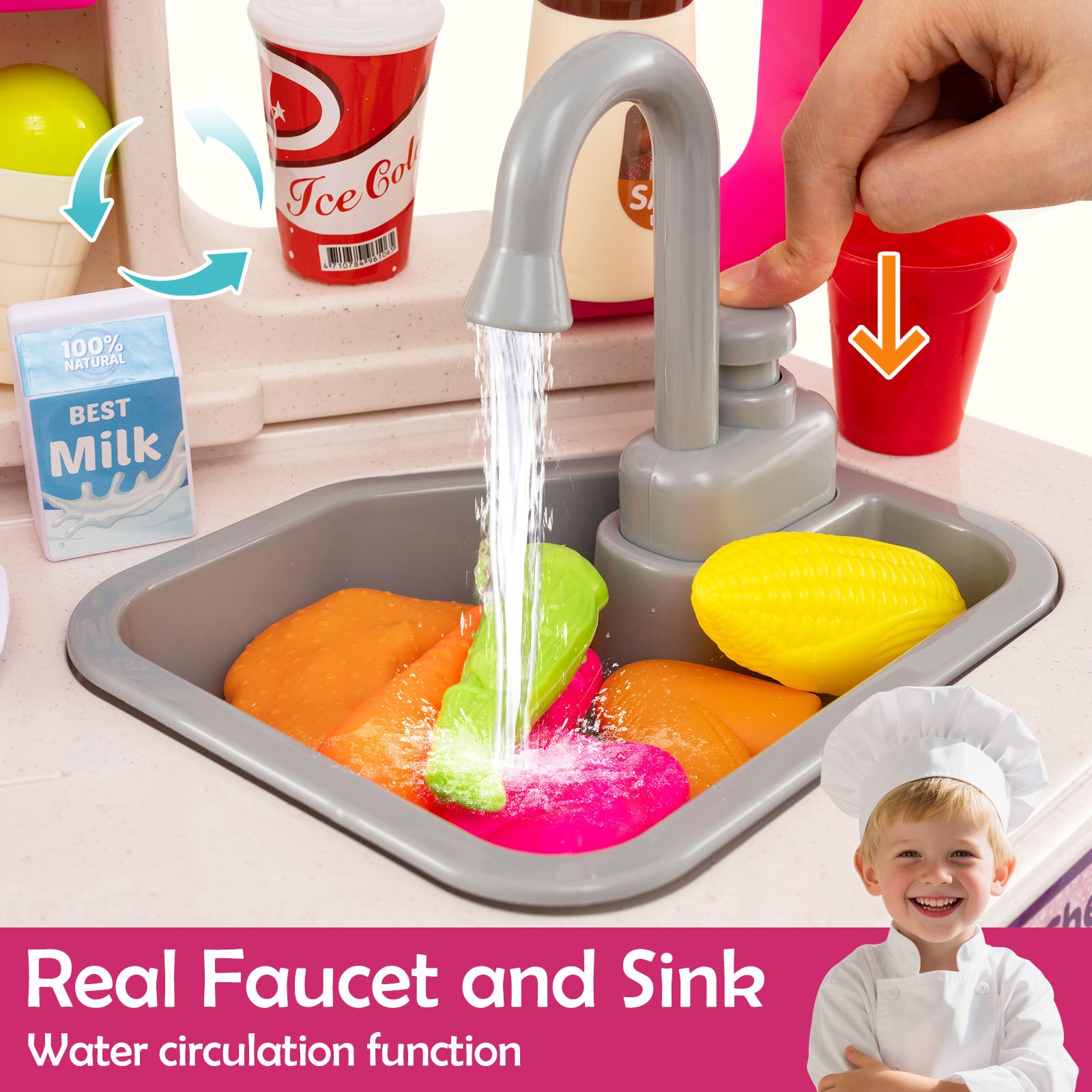Kids Kitchen Playset Corner Play Kitchen with Realistic Sounds and Lights-Pink