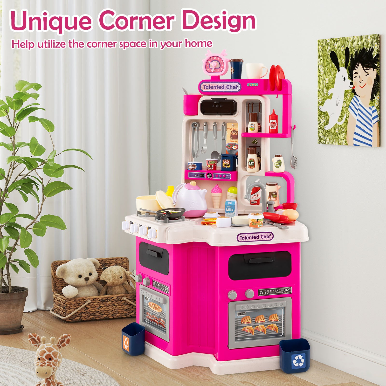 Kids Kitchen Playset Corner Play Kitchen with Realistic Sounds and Lights-Pink