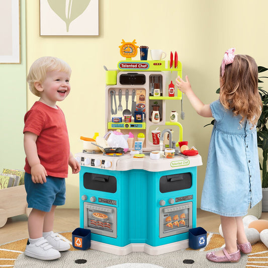 Kids Kitchen Playset Corner Play Kitchen with Realistic Sounds and Lights-Blue