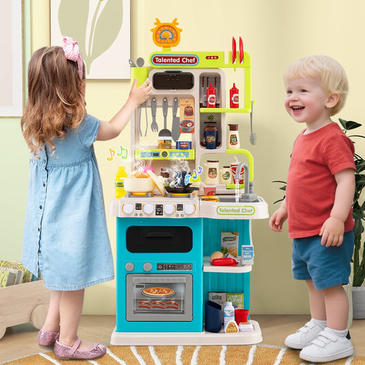 Kids Kitchen Playset Pretend Play Kitchen with Realistic Sounds and Lights-Blue