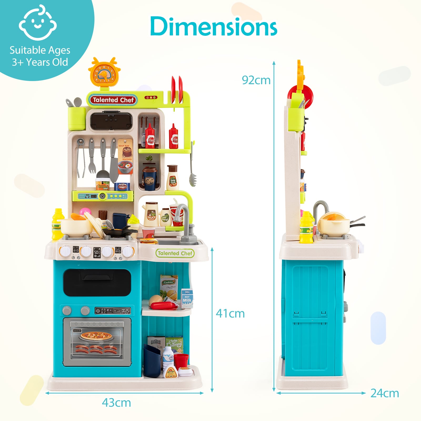 Kids Kitchen Playset Pretend Play Kitchen with Realistic Sounds and Lights-Blue
