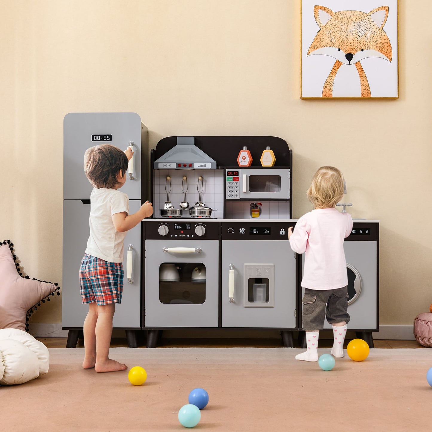 Kids Kitchen Playset with Refrigerator and Washing Machine-Brown