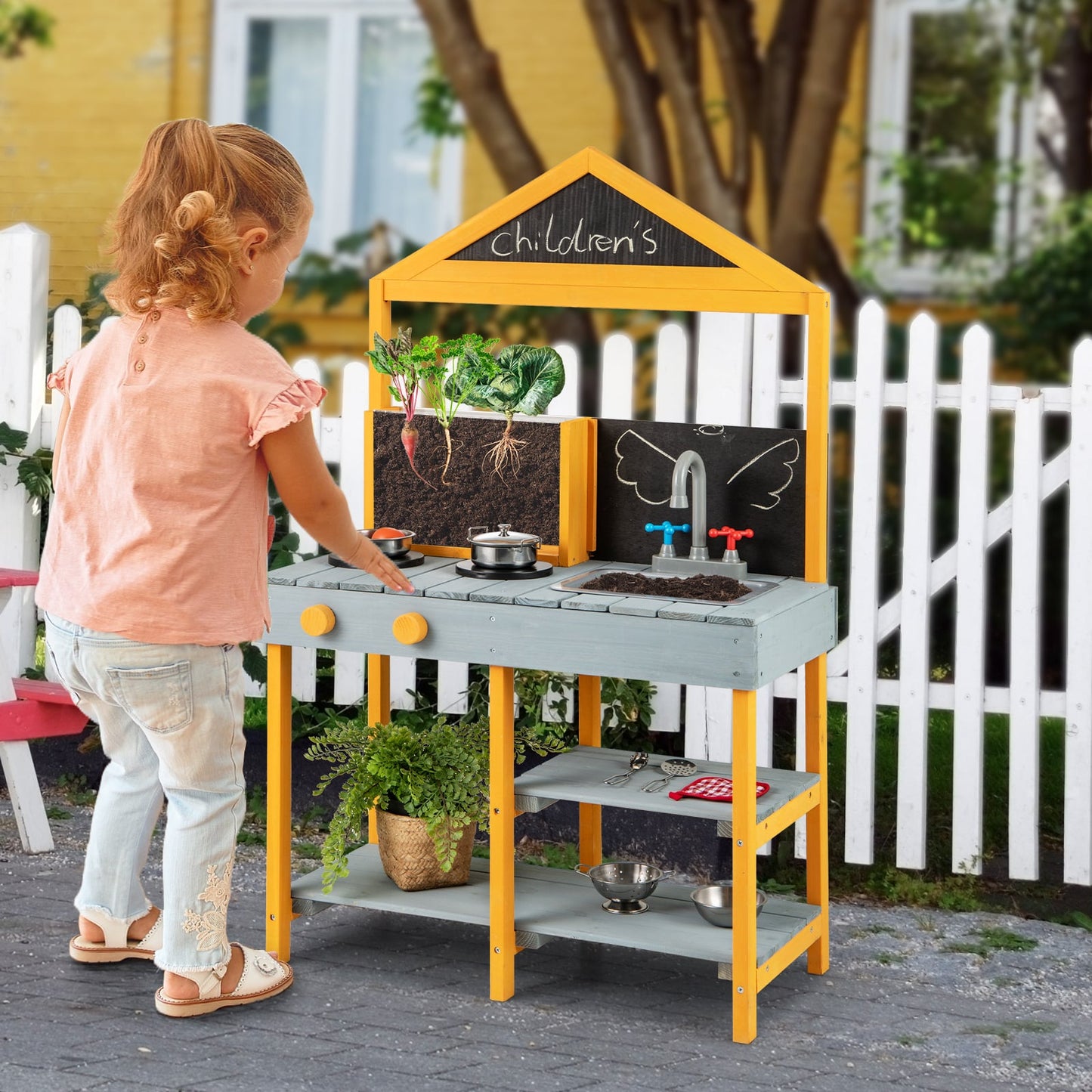 Kids Kitchen Playset with Root Viewer Planter Rotatable Faucet-Blue