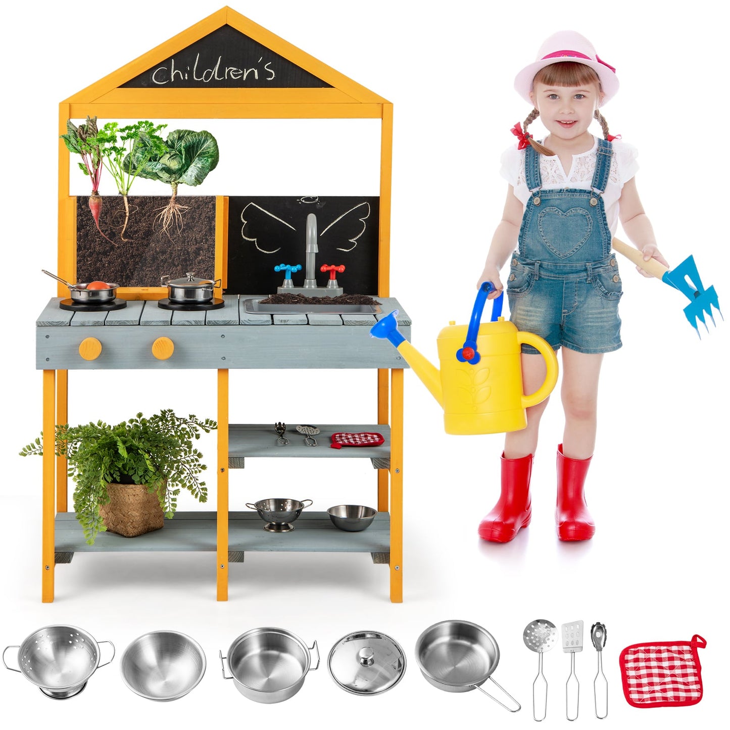 Kids Kitchen Playset with Root Viewer Planter Rotatable Faucet-Blue