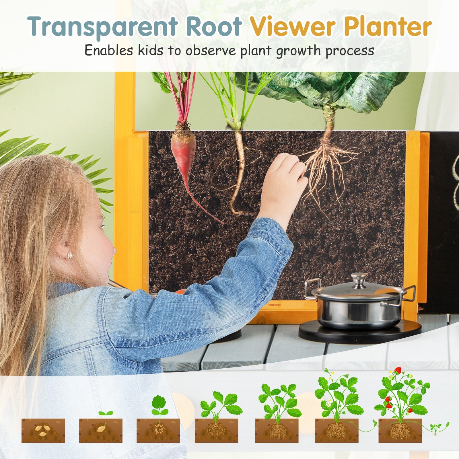 Kids Kitchen Playset with Root Viewer Planter Rotatable Faucet-Blue