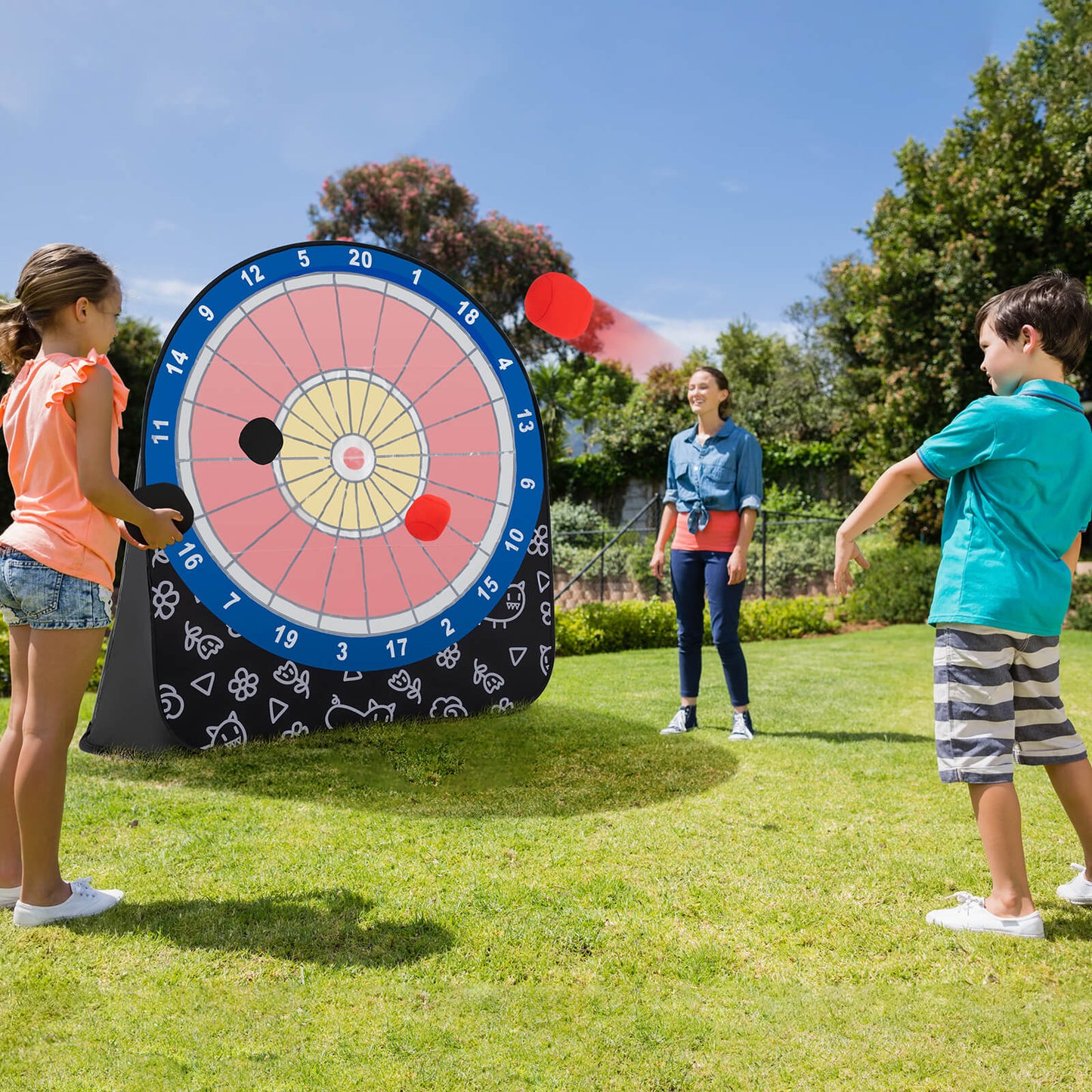 Large Dart Board for Kids Foldable and Portable Dartboard with 4 Kick Balls-Black