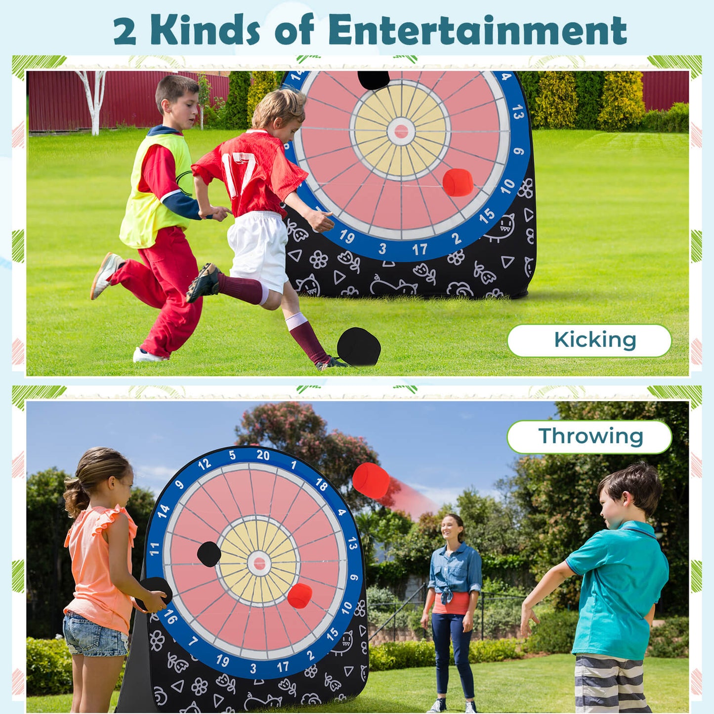 Large Dart Board for Kids Foldable and Portable Dartboard with 4 Kick Balls-Black