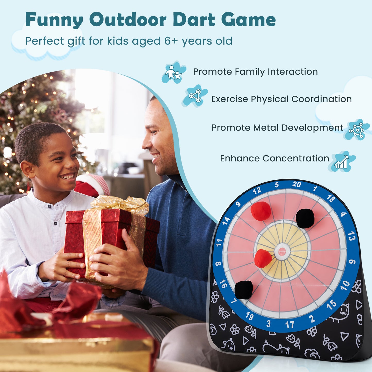 Large Dart Board for Kids Foldable and Portable Dartboard with 4 Kick Balls-Black