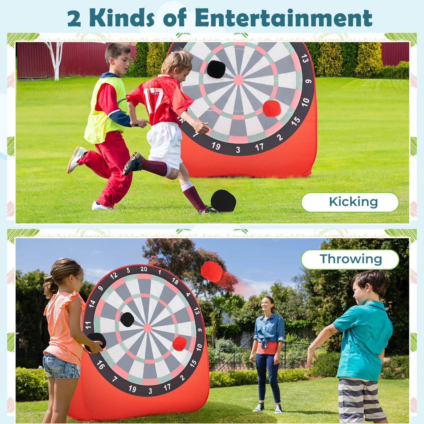 Large Dart Board for Kids Foldable and Portable Dartboard with 4 Kick Balls-Red