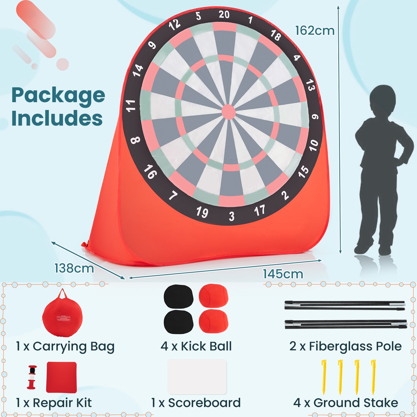 Large Dart Board for Kids Foldable and Portable Dartboard with 4 Kick Balls-Red