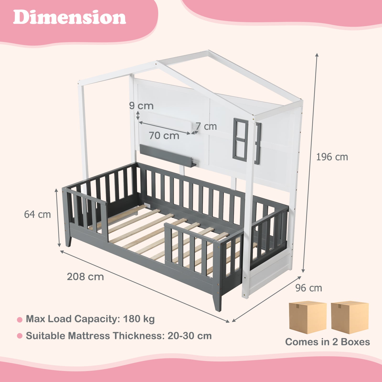 Kids Montessori Wood House Bed Bed with 2 Shelves and Guardrails-Gray &amp; White-Single Size