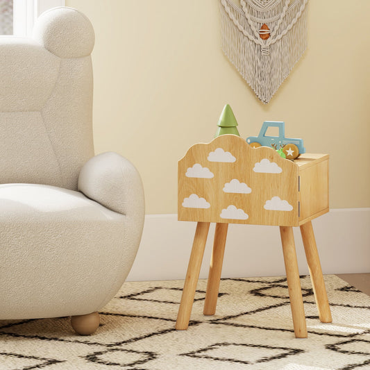 Kids Nightstand Set of 2 with Rainbow and Cloud Patterns-Natural