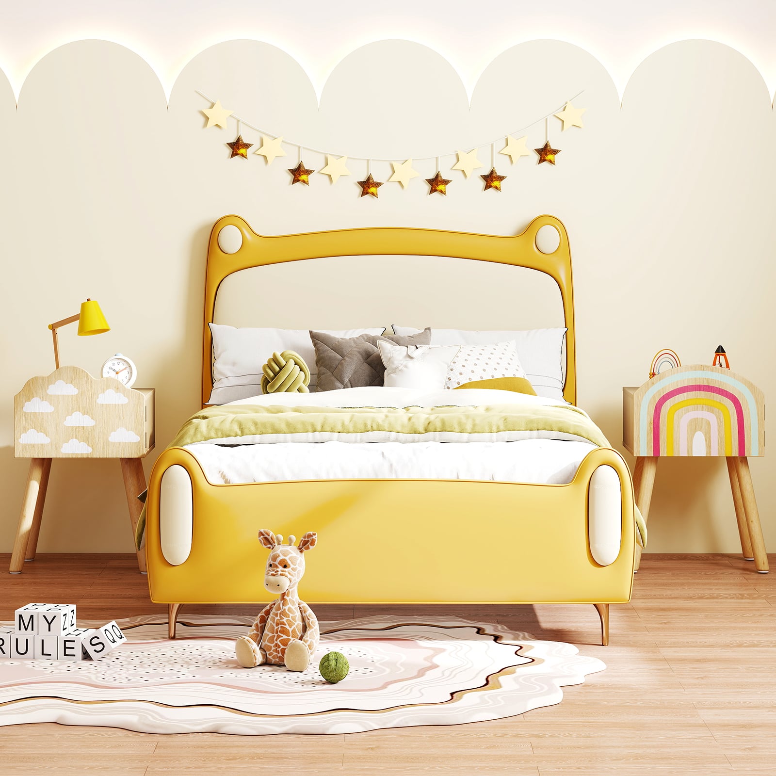 Kids Nightstand Set of 2 with Rainbow and Cloud Patterns-Natural