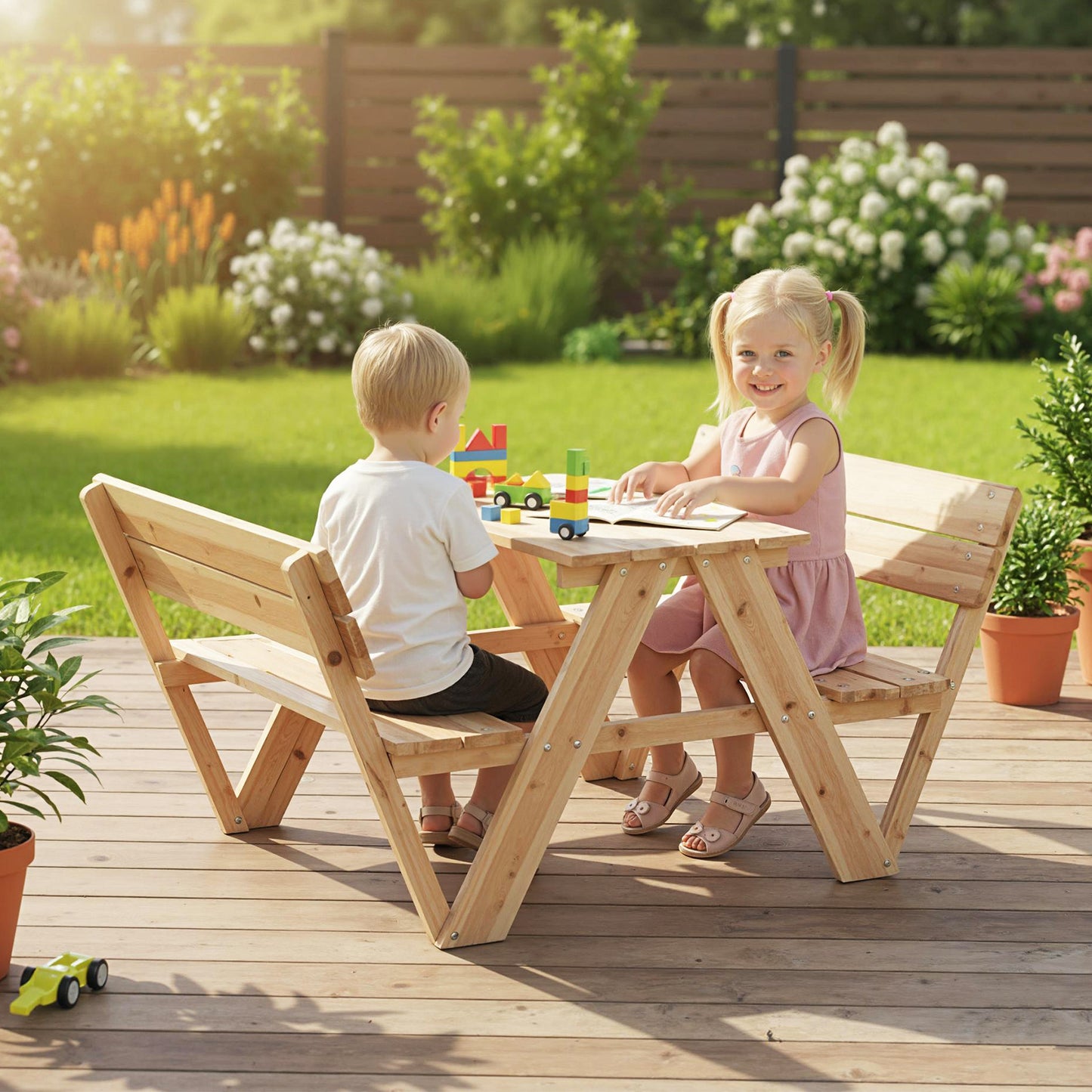 Kids Picnic Table Wooden Toddler Outdoor Activity Table and Chair Set-Natural