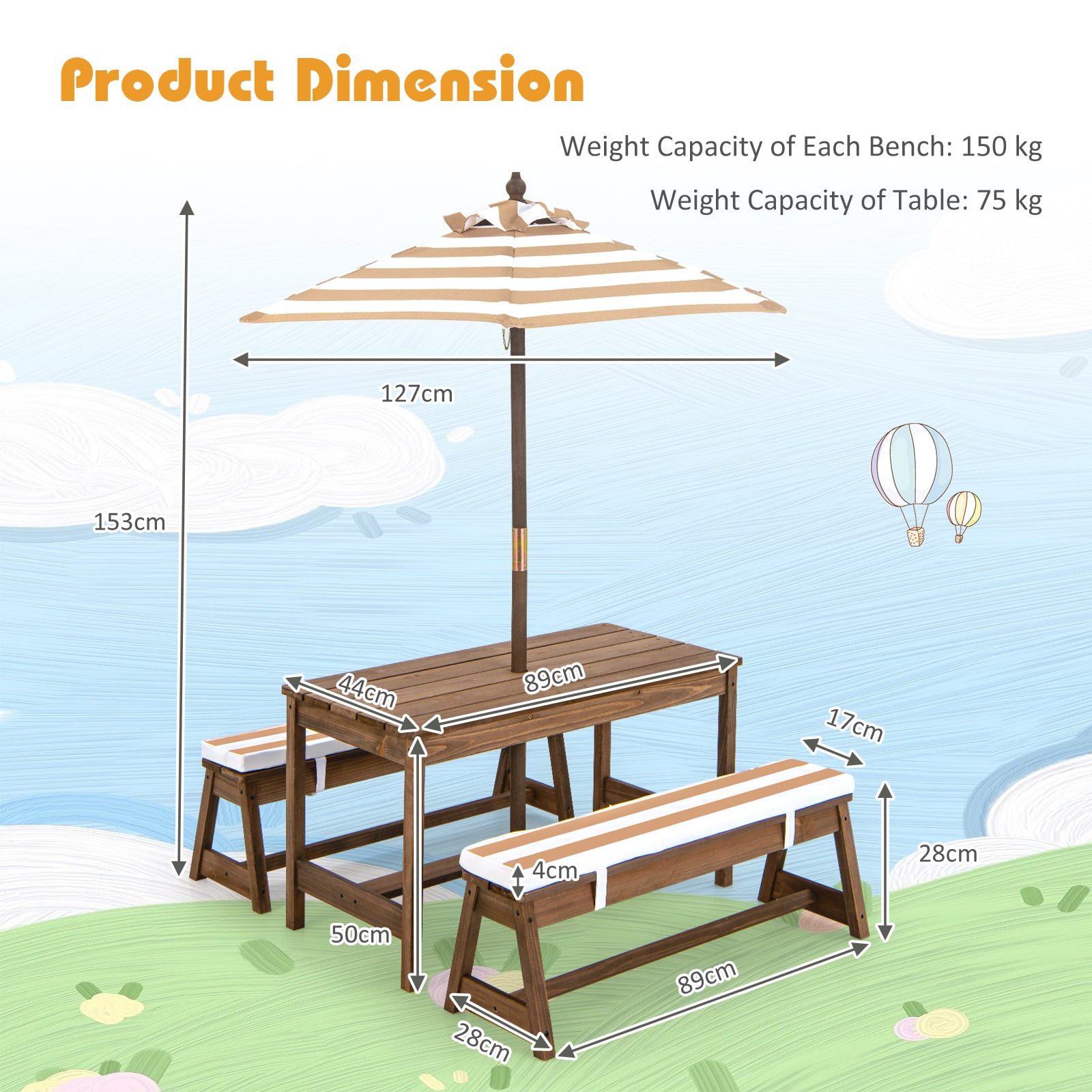 Kids Picnic Table with Cushions and Umbrella-Brown