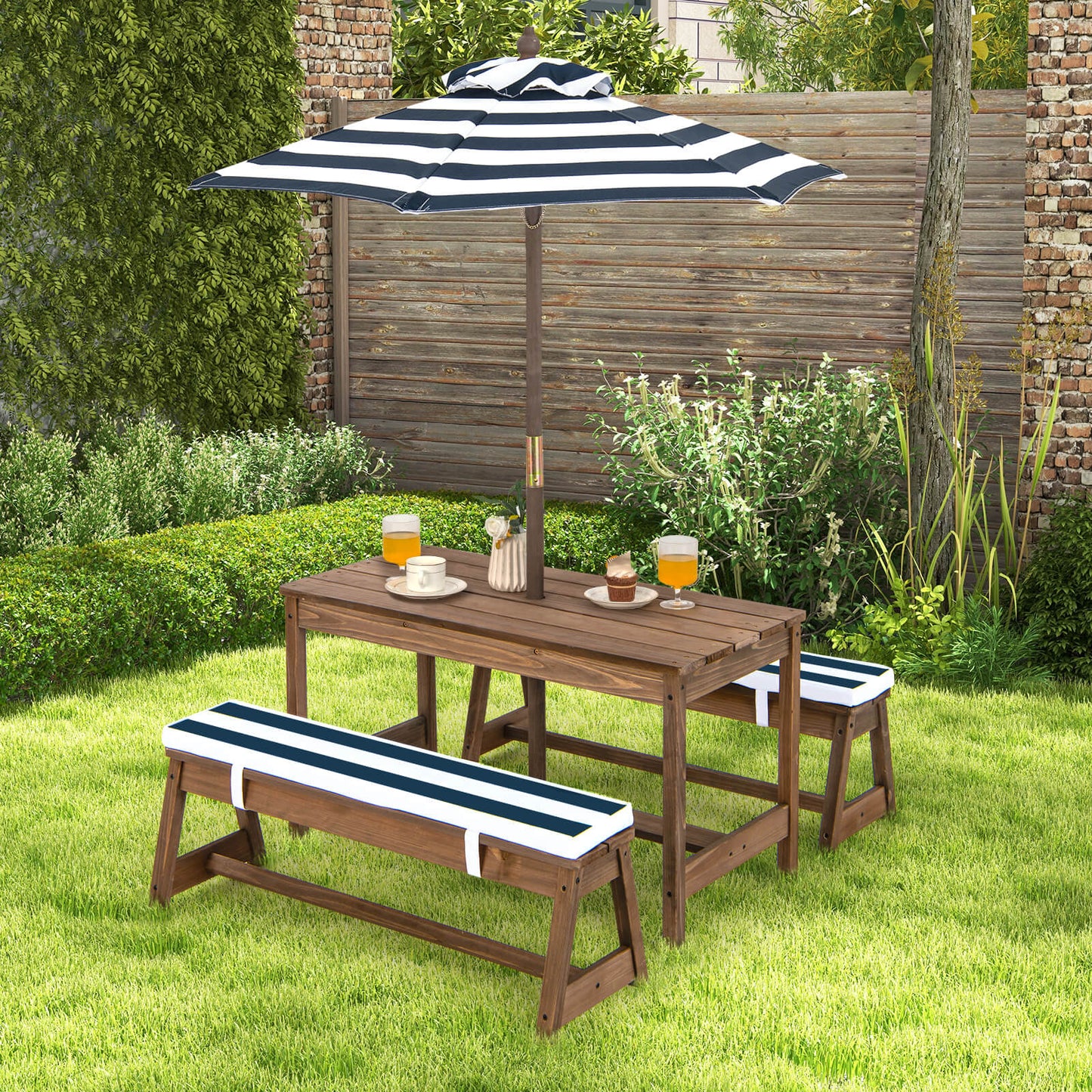 Kids Picnic Table with Cushions and Umbrella-Blue