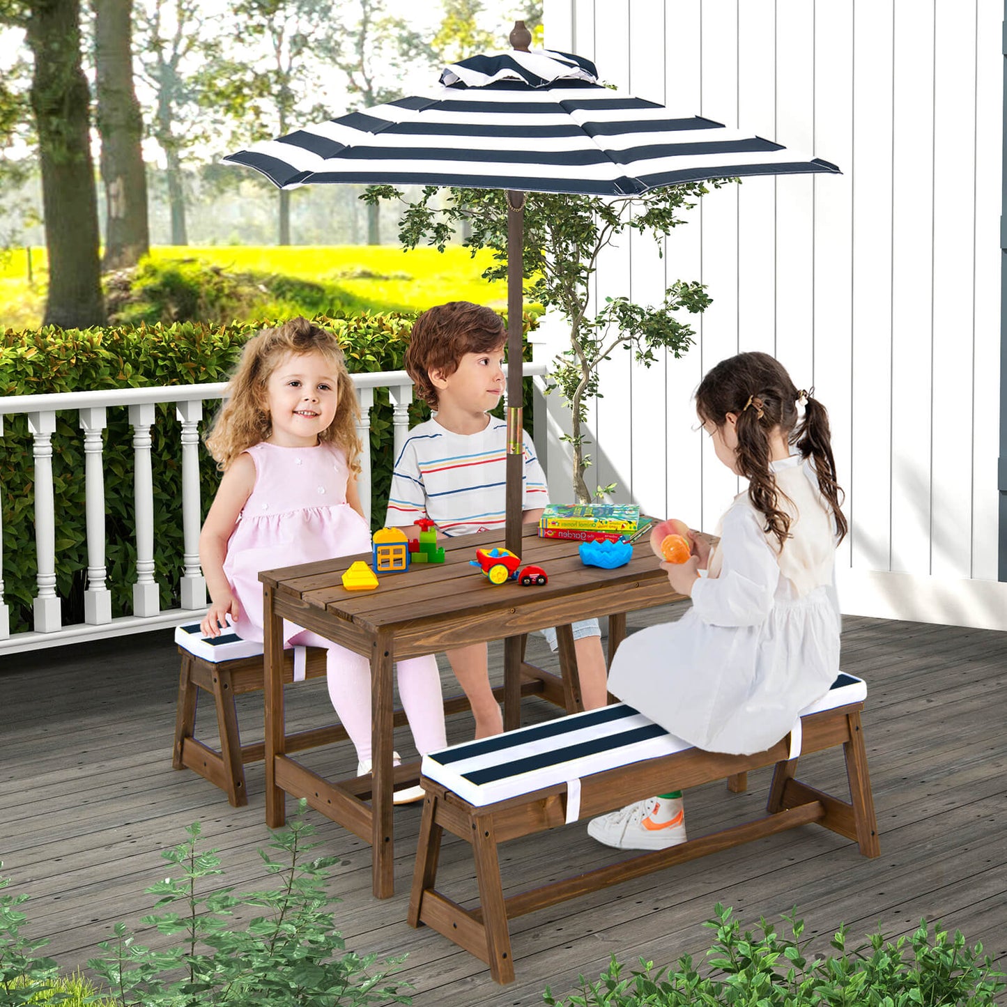 Kids Picnic Table with Cushions and Umbrella-Blue