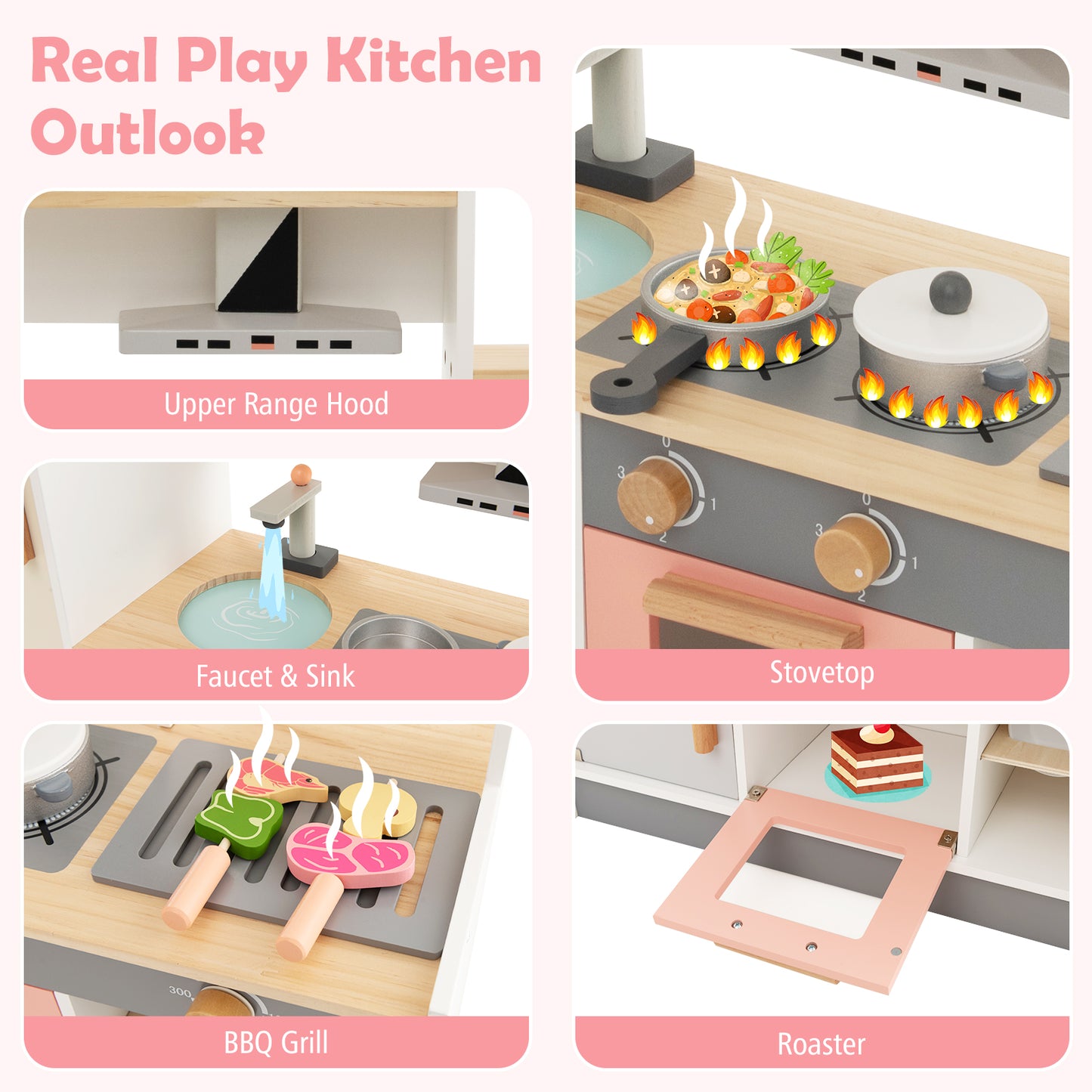 Wooden Kids Play Kitchen Set with Microwave Oven and Washing Machine