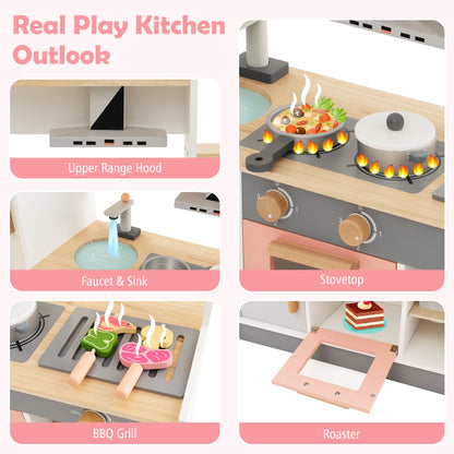 Wooden Pretend Kids Play Kitchen Set with Realistic Range Hood