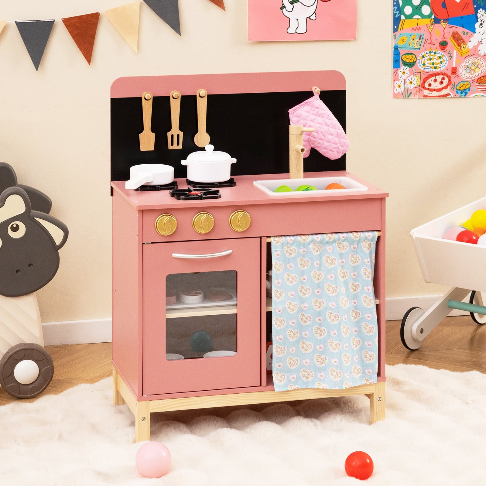 Kids Play Kitchen Set with Door Curtain and Stoves and Apron-Pink