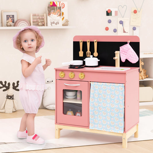 Kids Play Kitchen Set with Door Curtain and Stoves and Apron-Pink