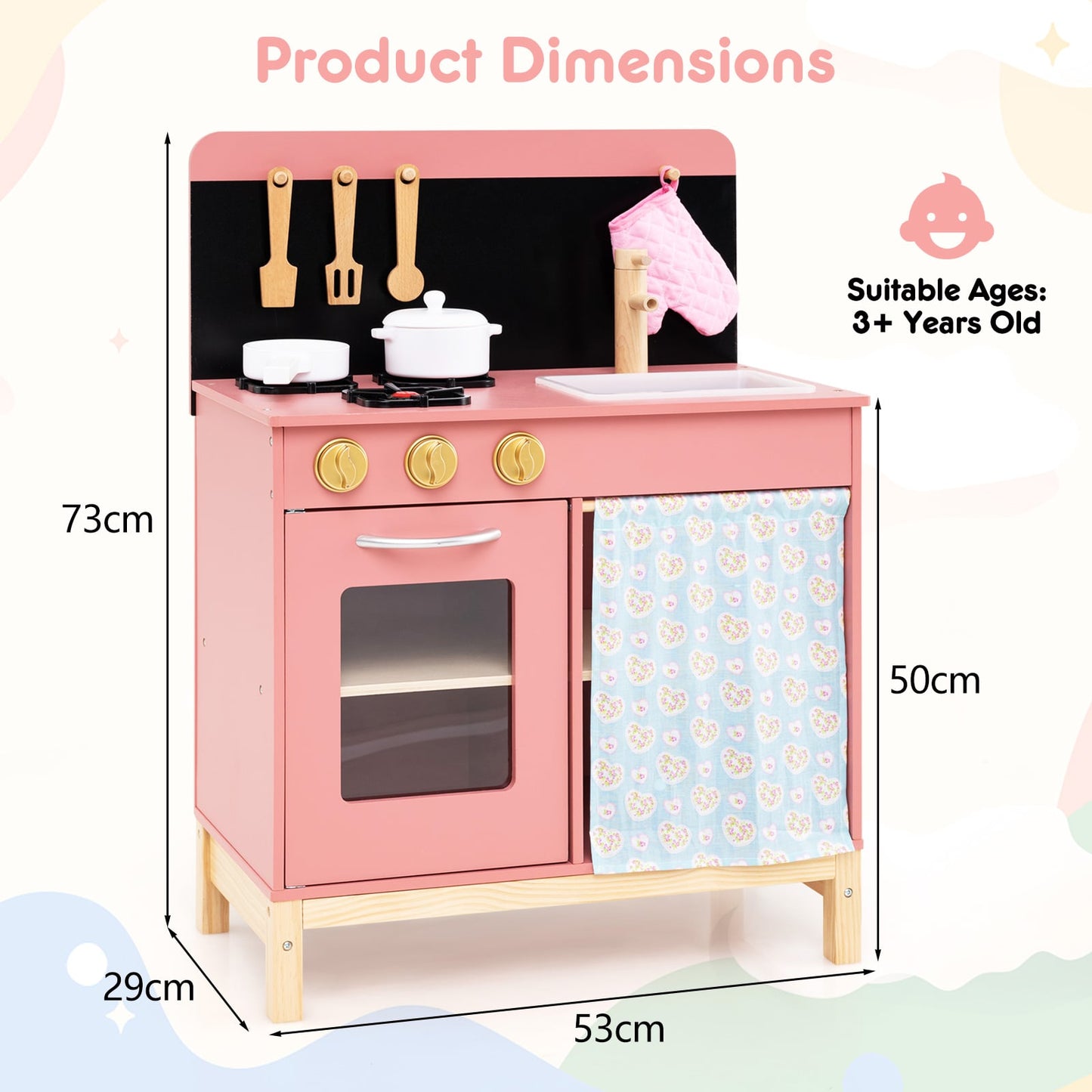 Kids Play Kitchen Set with Door Curtain and Stoves and Apron-Pink
