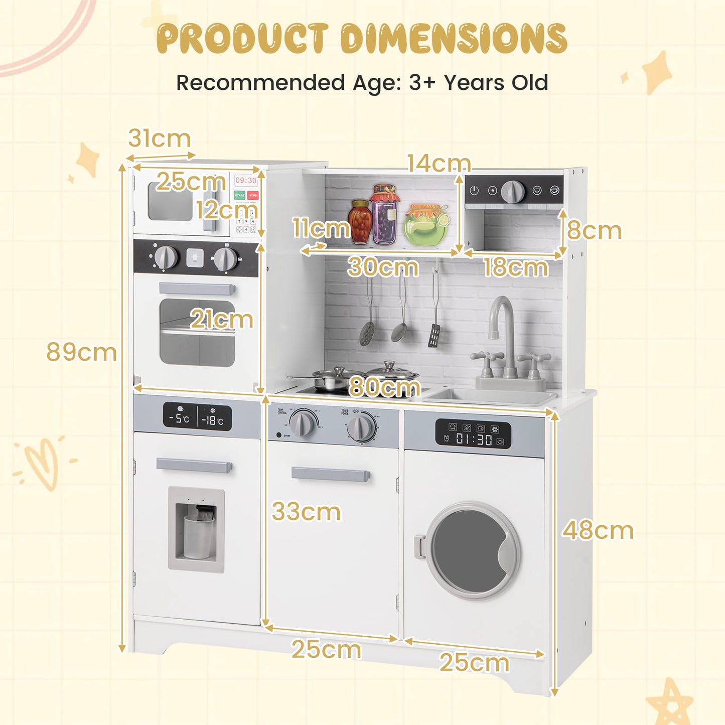 Kids Play Kitchen Toy Set with Water Dispenser and Sink-White