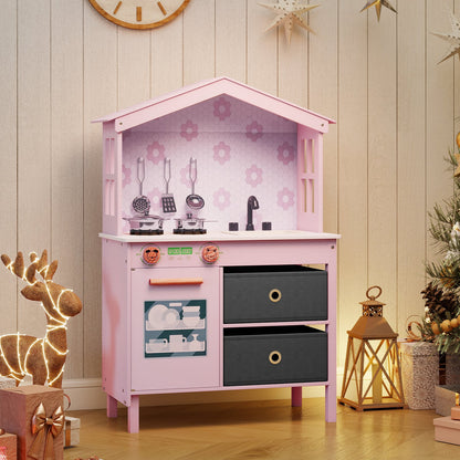 Kids Play Kitchen with 2 Stoves and Drawers and Dishwasher-Pink
