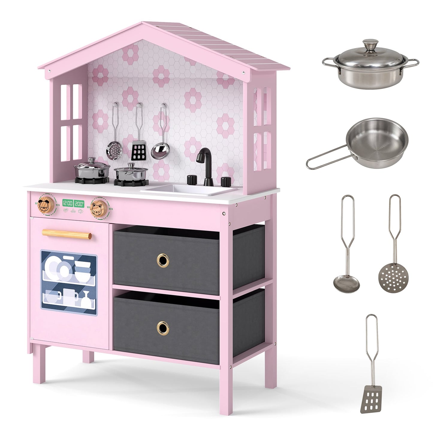 Kids Play Kitchen with 2 Stoves and Drawers and Dishwasher-Pink