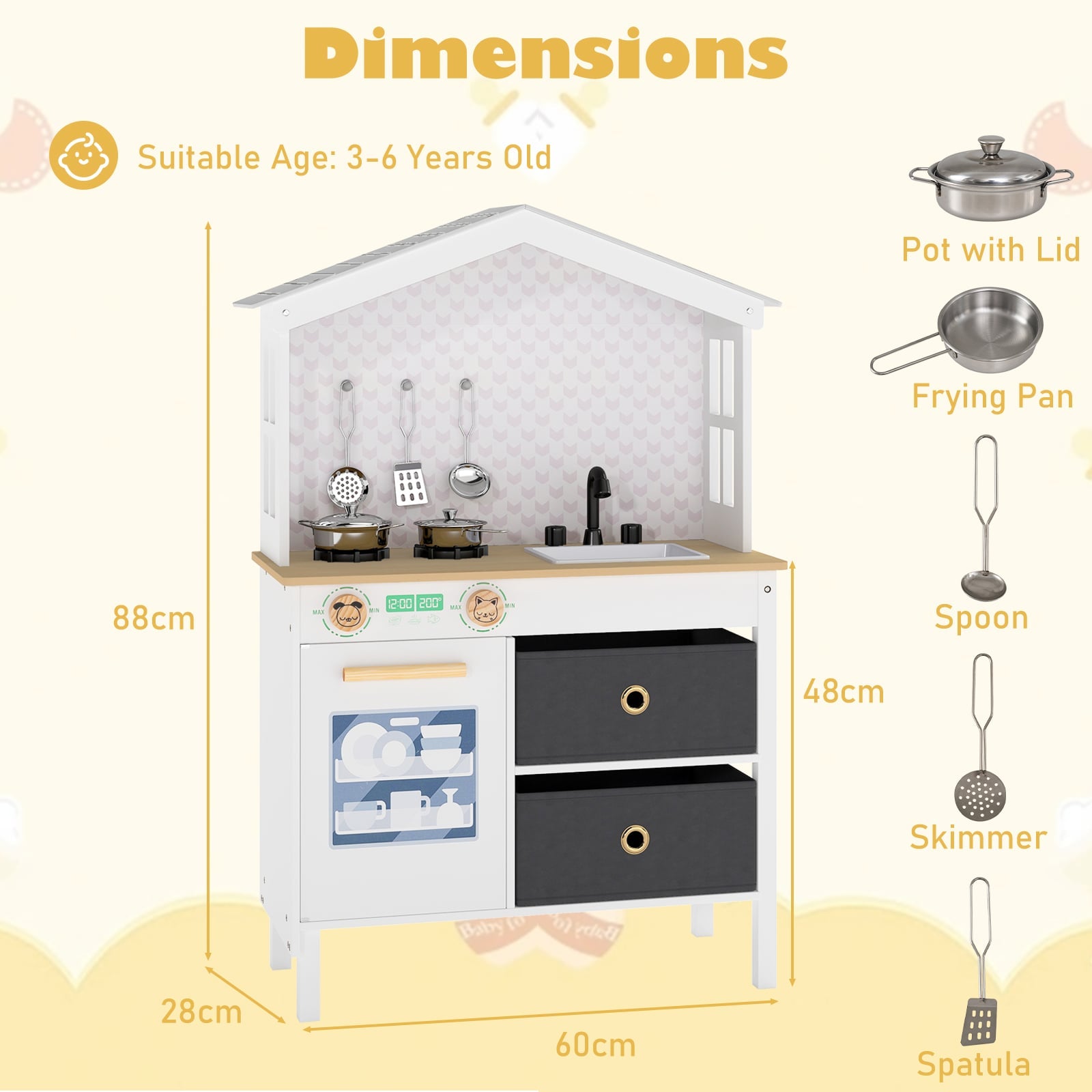 Kids Play Kitchen with 2 Stoves and Drawers and Dishwasher-White