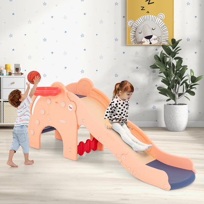 Kids Play Slide with Cute Elephant Shape and Basketball Hoop-Pink