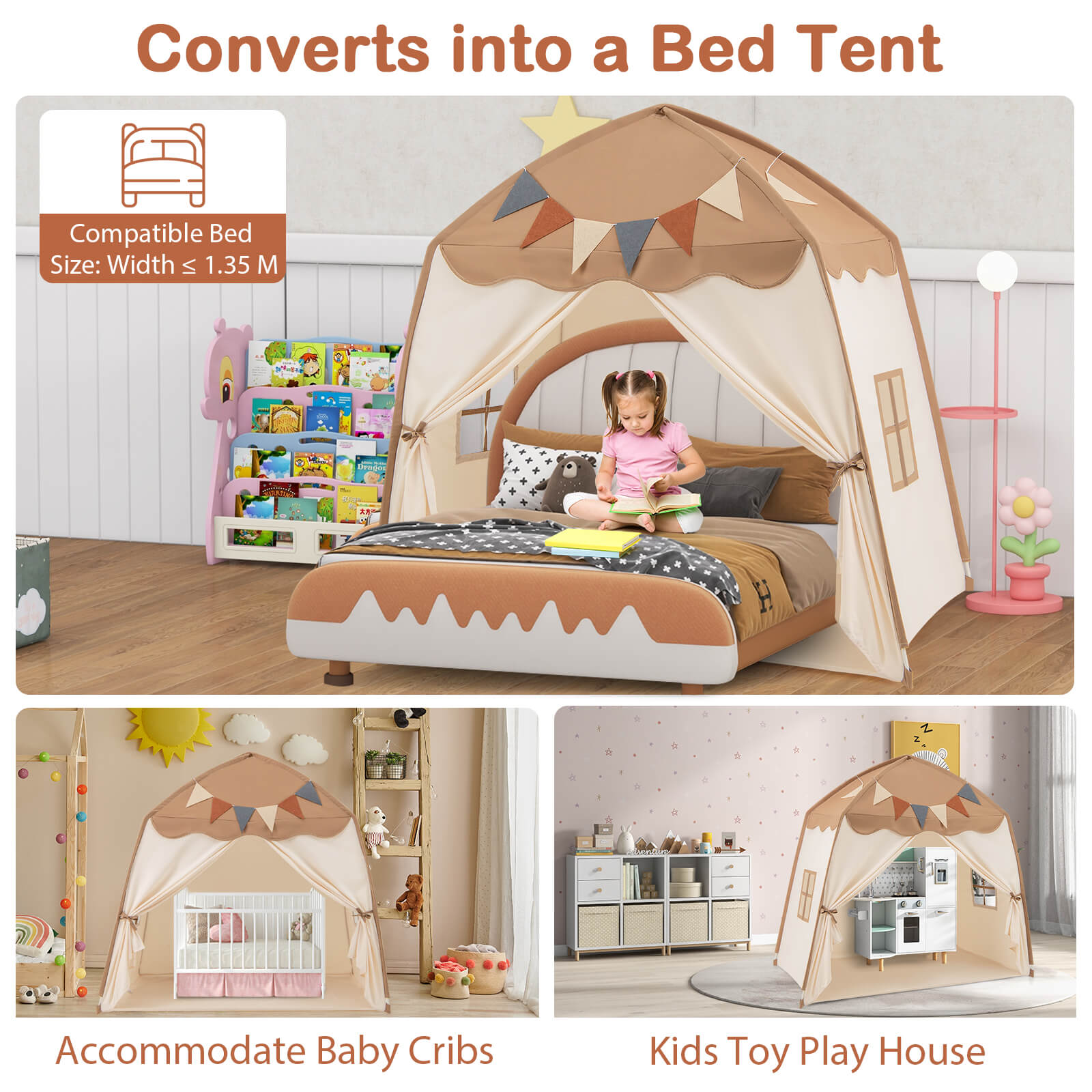 Kids Play Tent Bed Tent Extra Large with Lights for 3-12 Years Old-Coffee