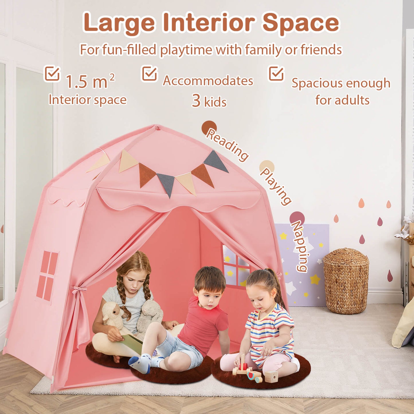 Kids Play Tent Bed Tent Extra Large with Lights for 3-12 Years Old-Pink