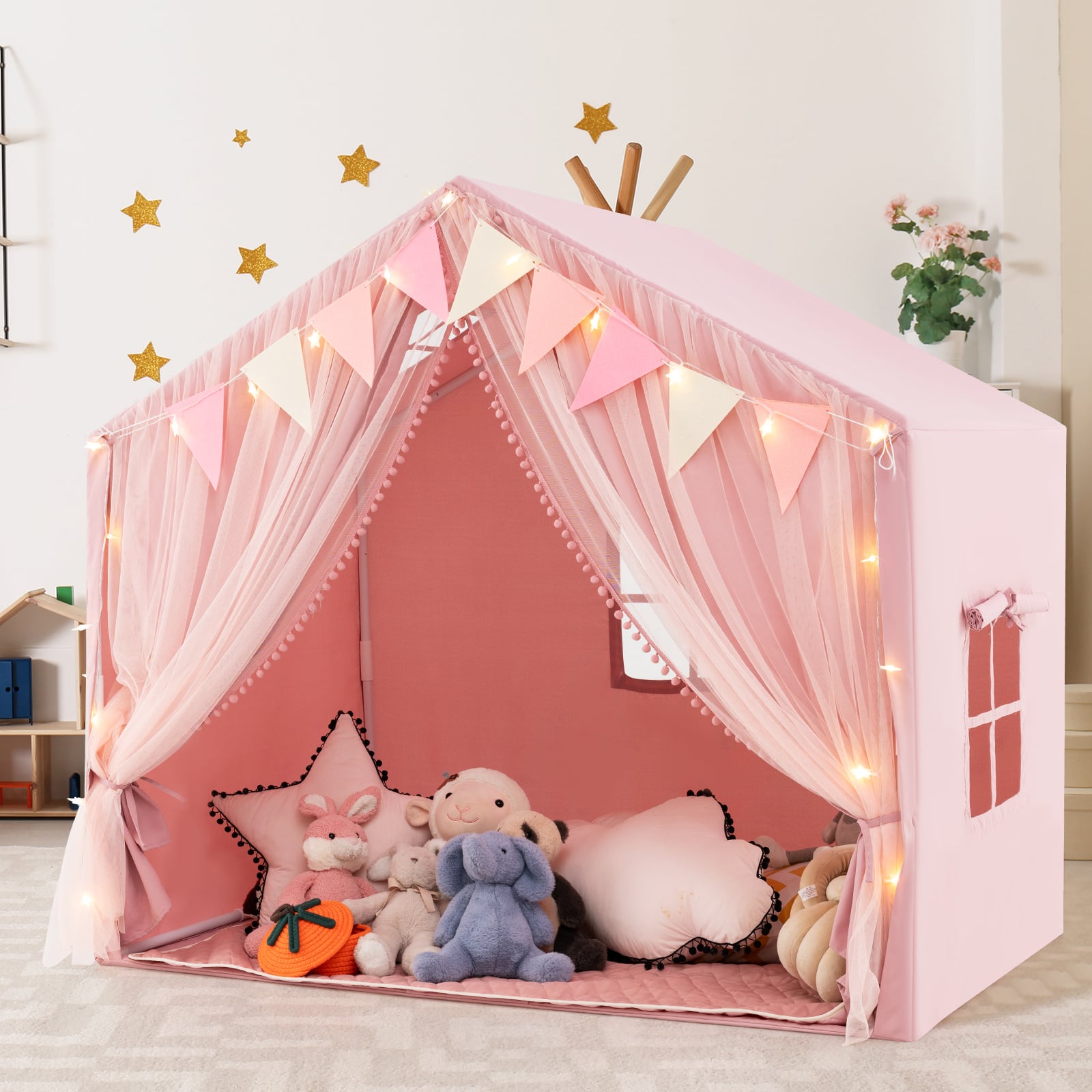 Kids Play Tent 3-4 Kids Large Play Tent House with Fabric and Screen Curtains-Pink