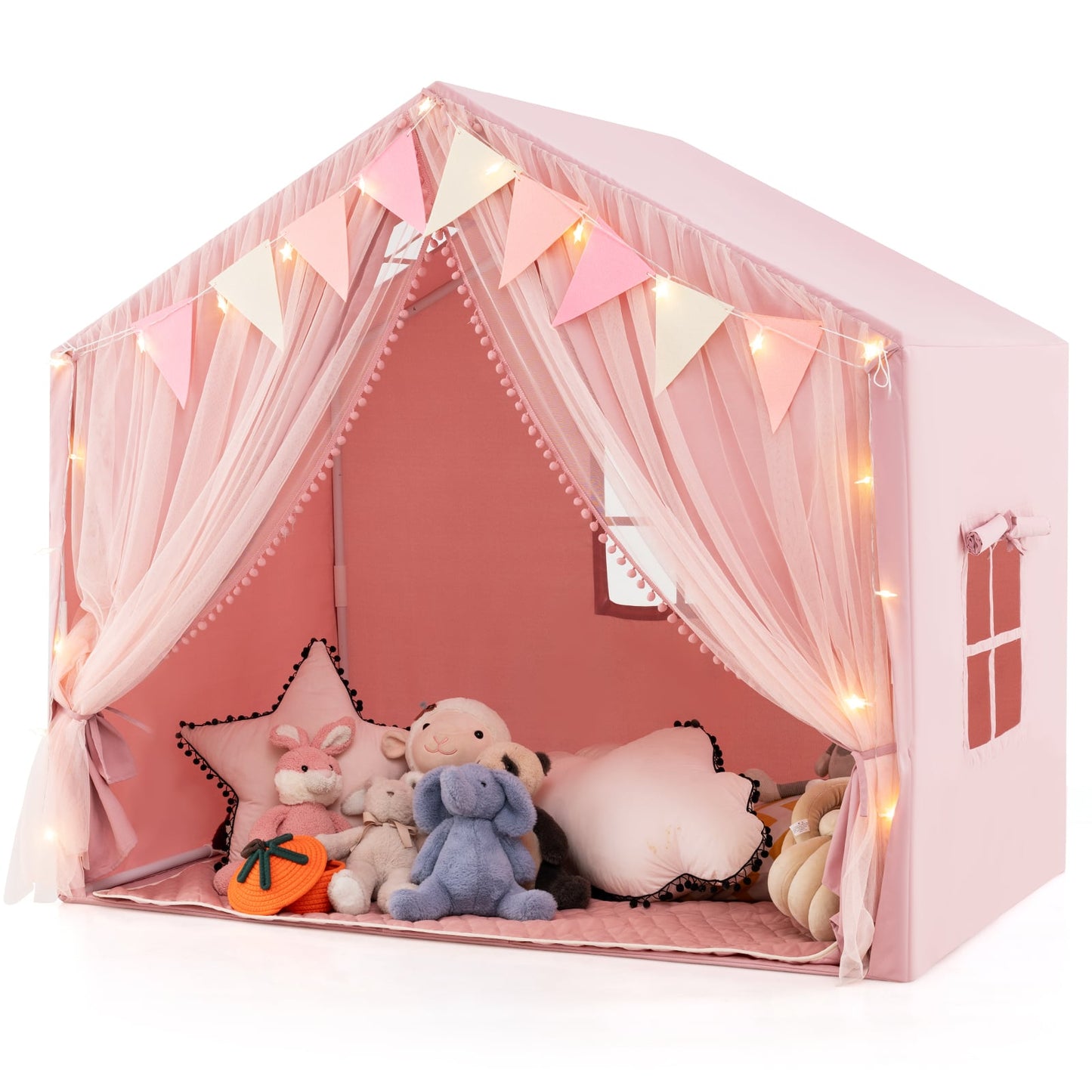 Kids Play Tent 3-4 Kids Large Play Tent House with Fabric and Screen Curtains-Pink