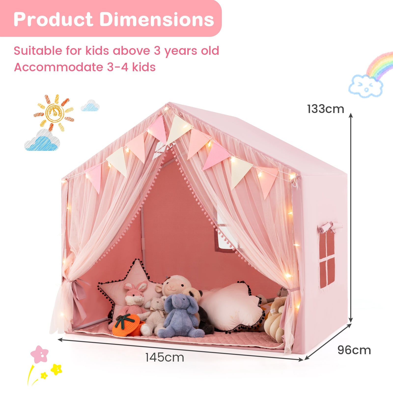 Kids Play Tent 3-4 Kids Large Play Tent House with Fabric and Screen Curtains-Pink