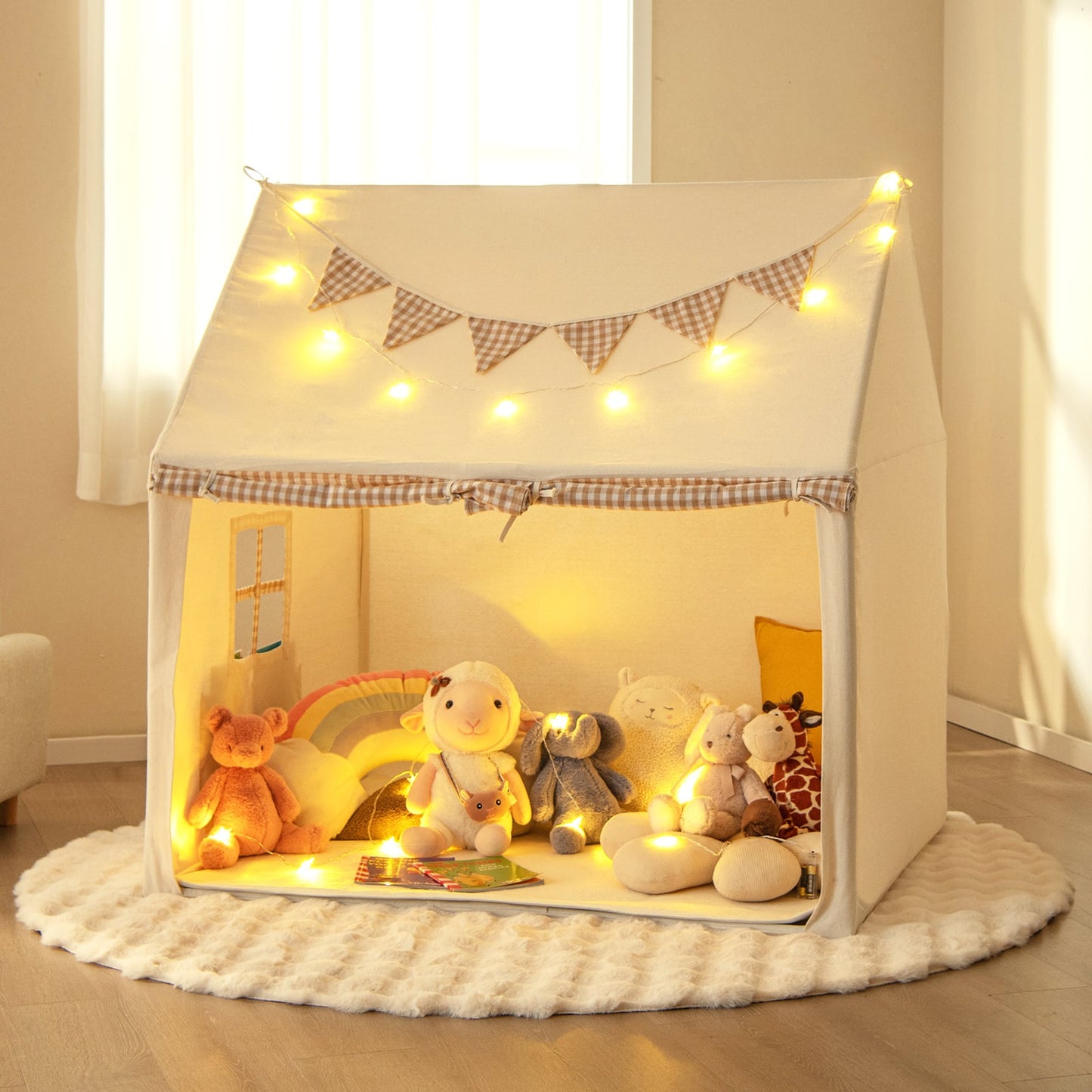 Kids Play Tent with Padded Mat for Children Aged 3-8 Years Old-Beige