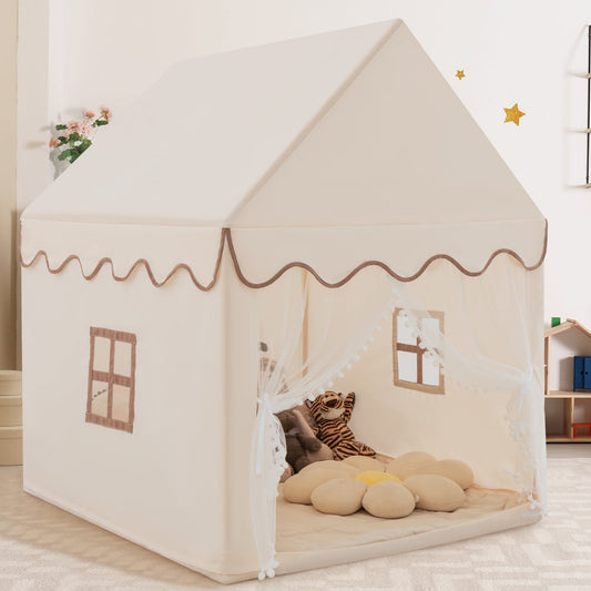 Kids Play Tent with Padded Mat Indoor Playhouse-Beige