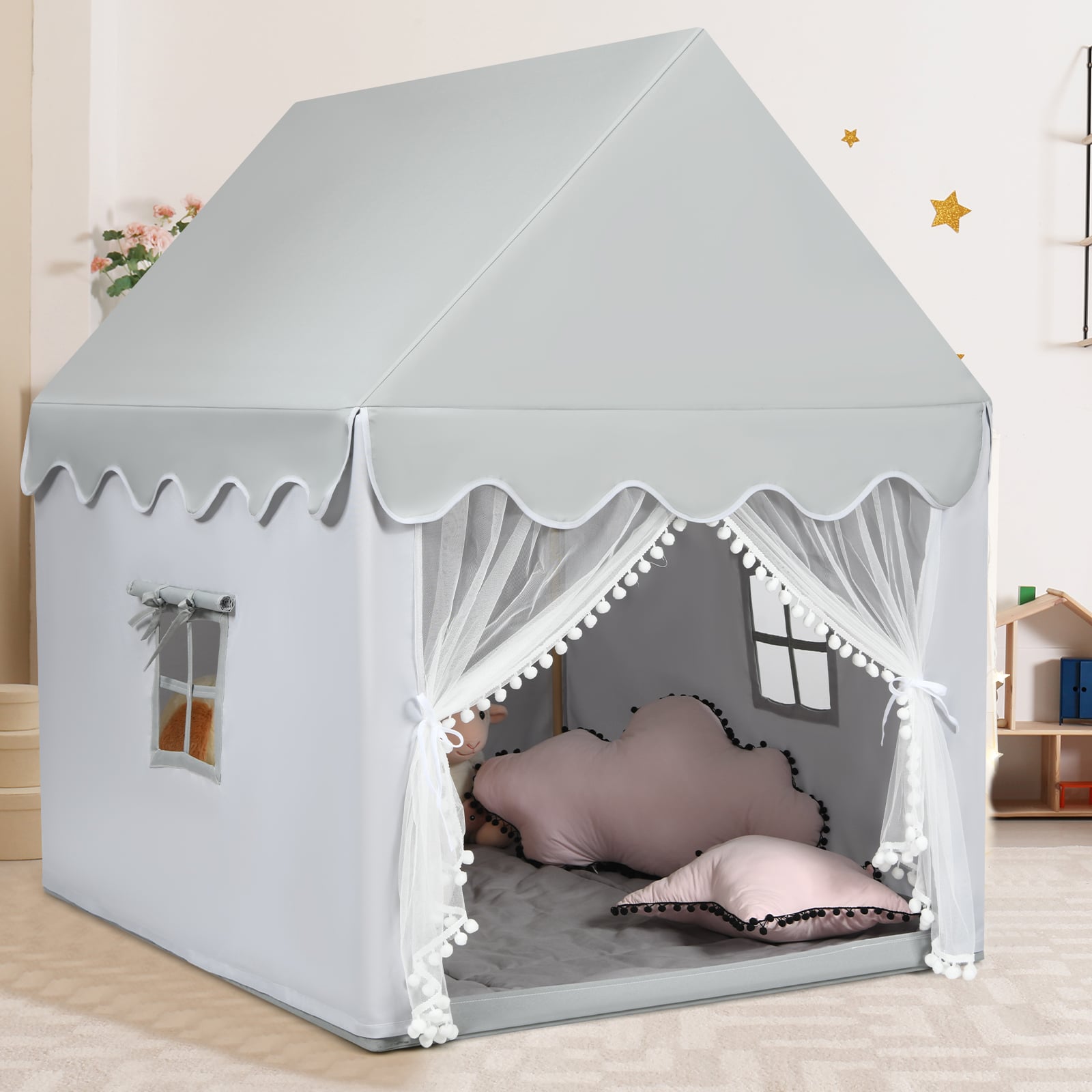 Kids Play Tent with Padded Mat Indoor Playhouse-Grey