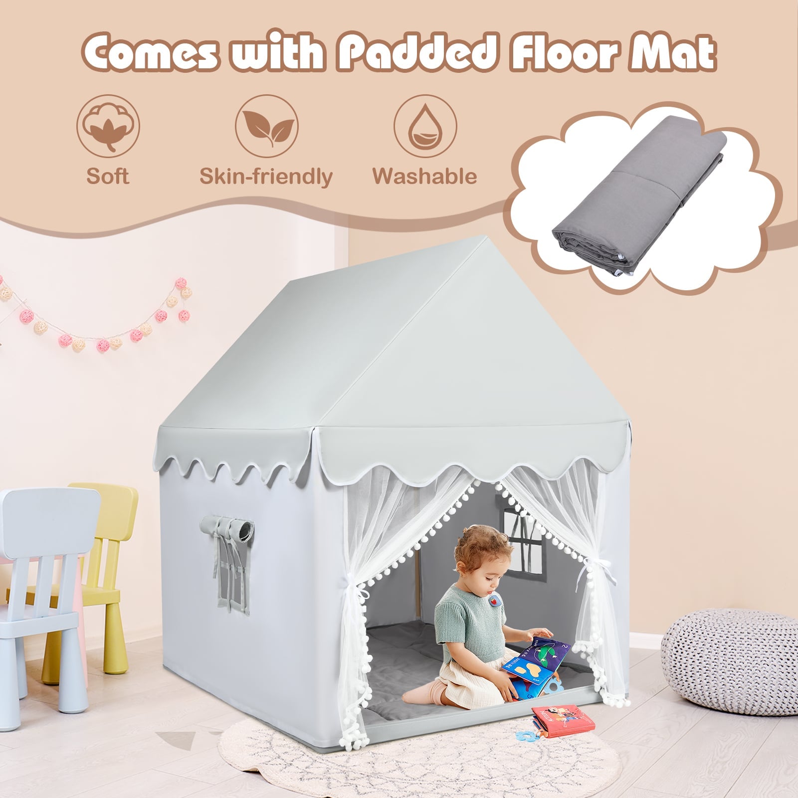 Kids Play Tent with Padded Mat Indoor Playhouse-Grey
