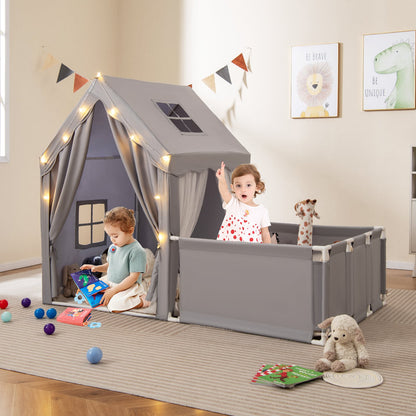 2-in-1 Kids Play Tent with Playpen and Washable Cotton Mat-Grey