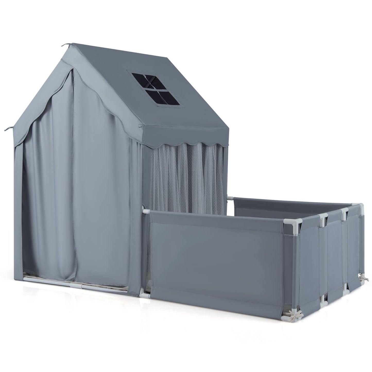 2-in-1 Kids Play Tent with Playpen and Washable Cotton Mat-Grey