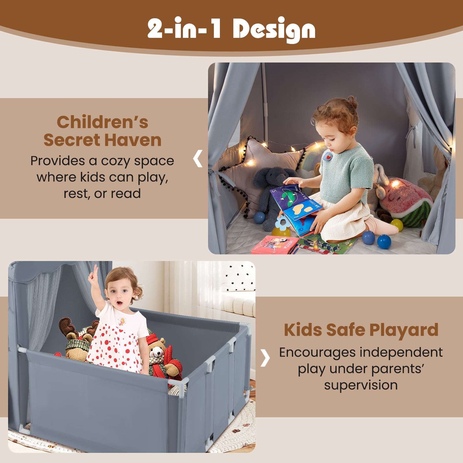 2-in-1 Kids Play Tent with Playpen and Washable Cotton Mat-Grey