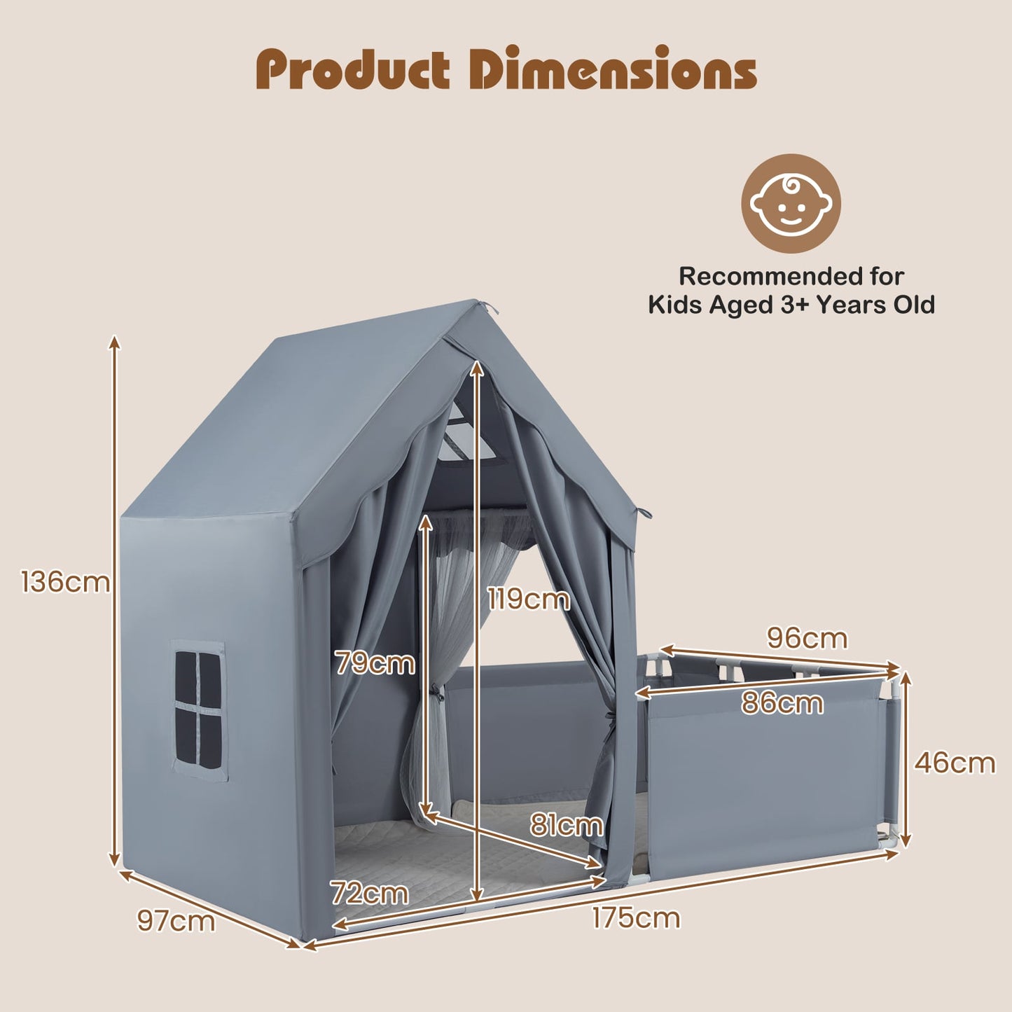 2-in-1 Kids Play Tent with Playpen and Washable Cotton Mat-Grey