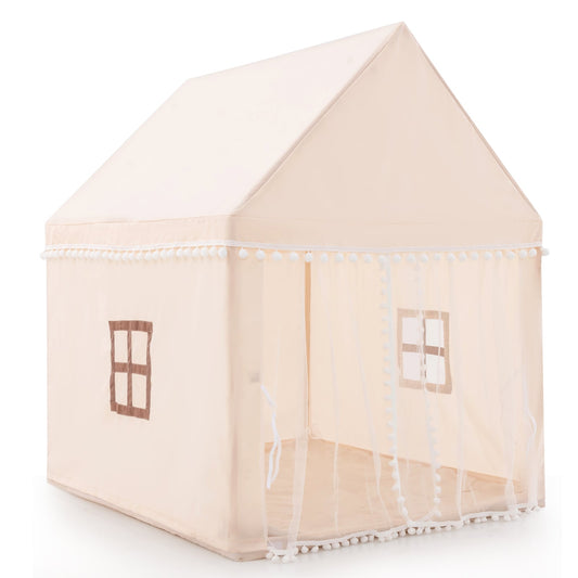Kids Play Tent with Soft Sponge Padded Mat and Solid Wood Frame-Beige