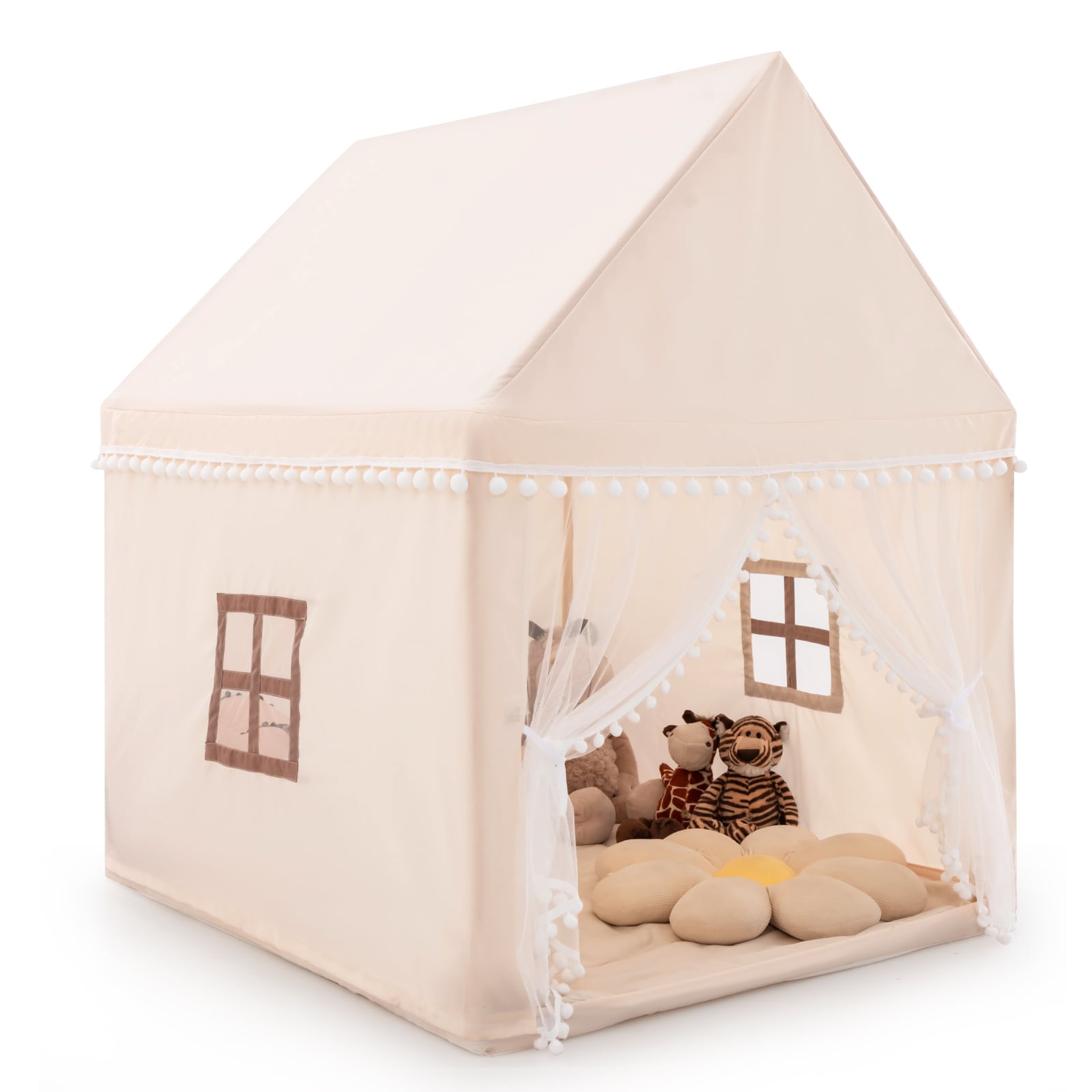 Kids Play Tent with Soft Sponge Padded Mat and Solid Wood Frame-Beige