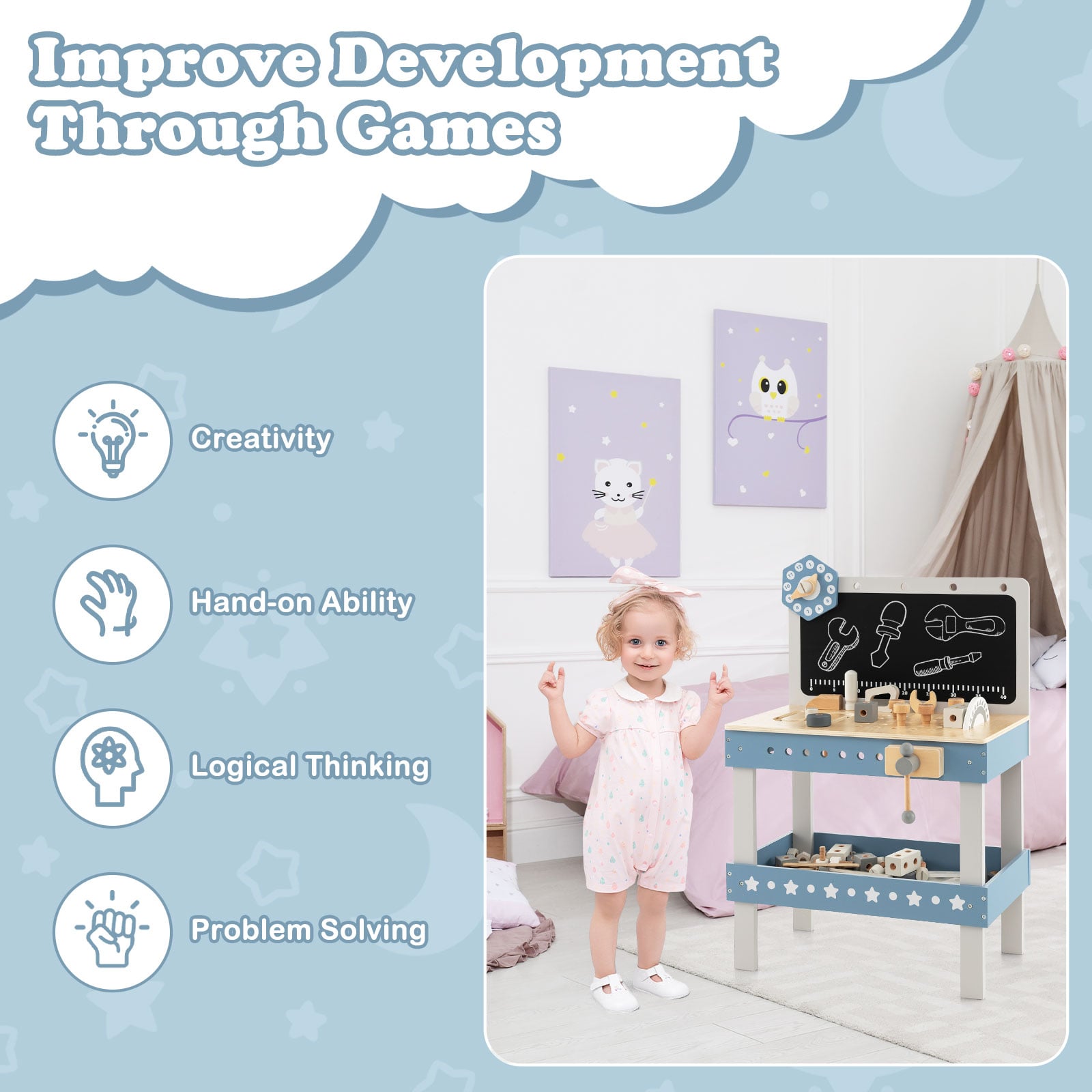 Kids Wooden Play Workbench with Blackboard and Tool Parts Set-Blue