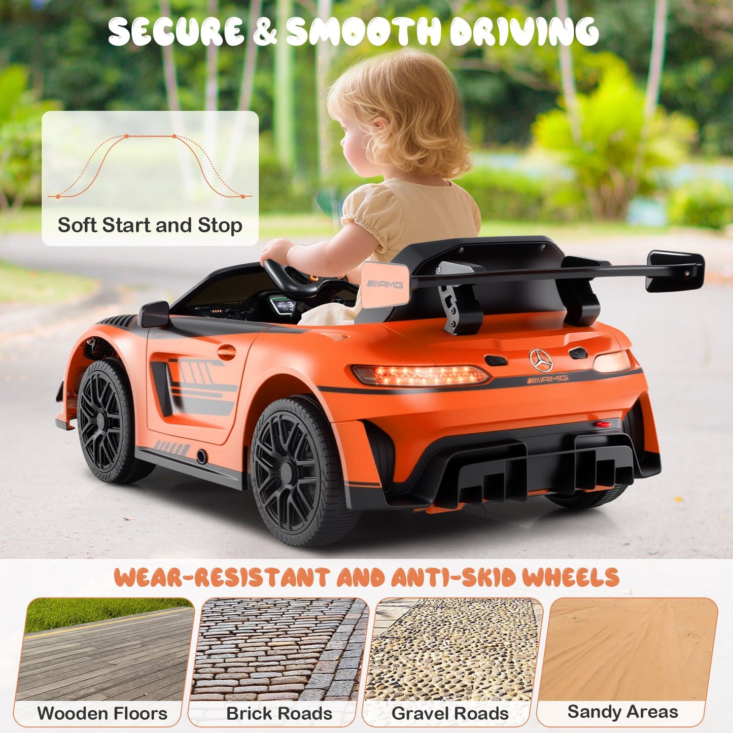 12V Kids Powered Ride on Car Benz GT3 with Spoiler and Remote Control-Orange