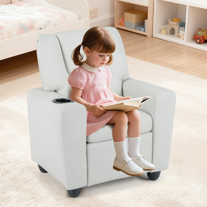 Kids Recliner with Cup Holder PU Leather Kids Reclining Chair-Beige