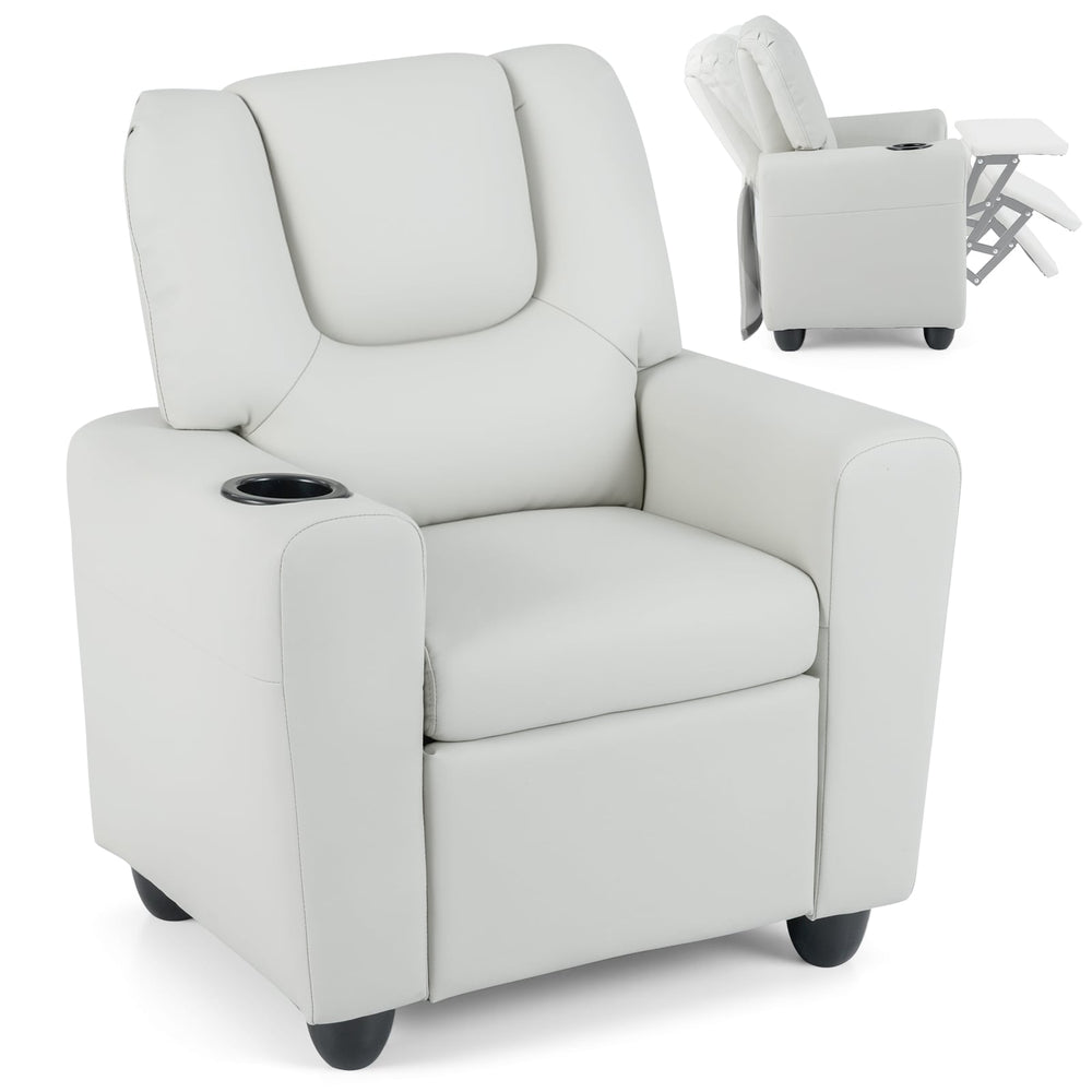 Kids Recliner with Cup Holder PU Leather Kids Reclining Chair-Beige
